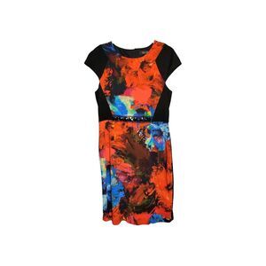 Rickie Freeman Teri Jon Dress 12 Black Red Sheath Abstract Jeweled Waist